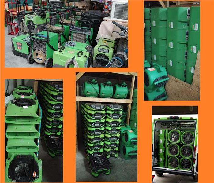 Collage of Servpro equipment including fans and dehumidifiers