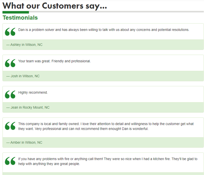 screen shot of testimonial page, showing various positive reviews from customers in Wilson and Rocky Mount 