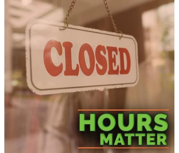 sign on business door that says "CLOSED" text on photo saying "HOURS MATTER"
